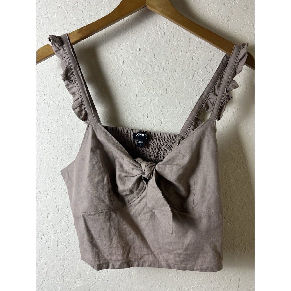 Y2K 90s Babydoll Top Juniors Large Brown Festival Twist Linen Blend‎ Stretch